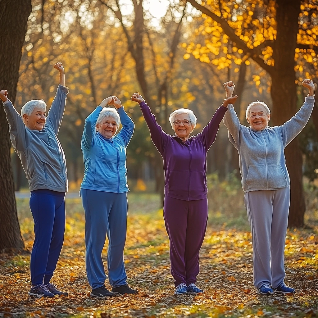 Щасливі пенсіонери займаються спортом на свіжому повітрі