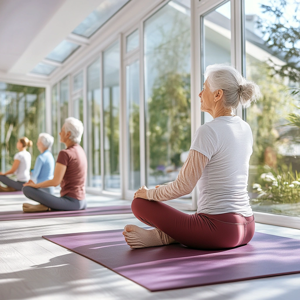 Група пенсіонерів на заняттях з йоги